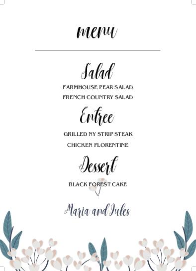 Flowered Egdes Wedding Menu Cards Front