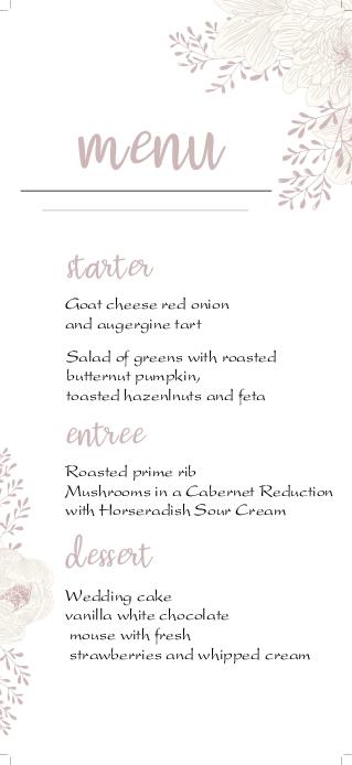 Paradise Rose White Wedding Menu Cards Front
