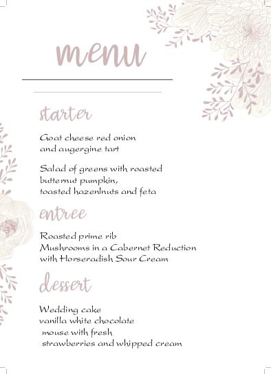 Paradise Rose White Wedding Menu Cards Front