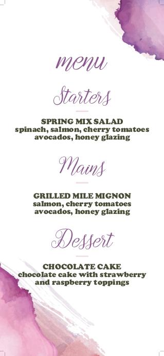 Purple Spot Wedding Menu Cards Front