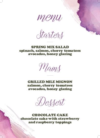 Purple Spot Wedding Menu Cards Front