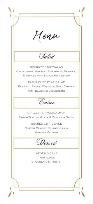 Gold Frames and Lines Wedding Menu Cards Front