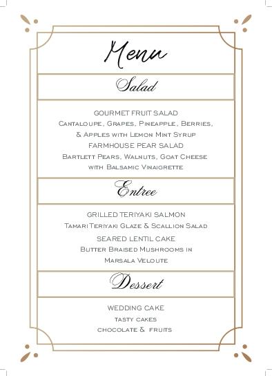 Gold Frames and Lines Wedding Menu Cards Front