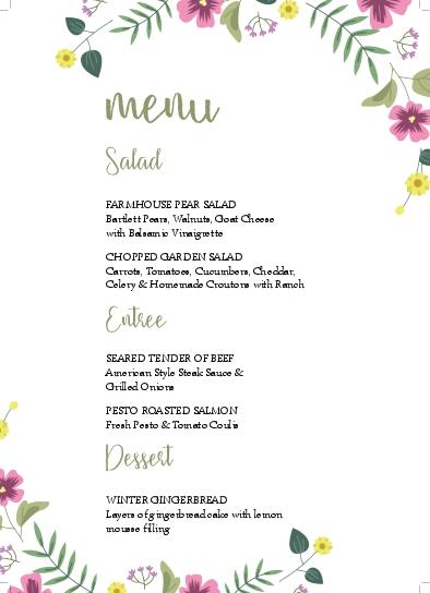 Pink and Yellow Flowers Wedding Menu Cards Front