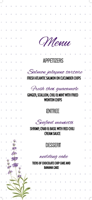 Lavender and Dots Wedding Menu Cards Front
