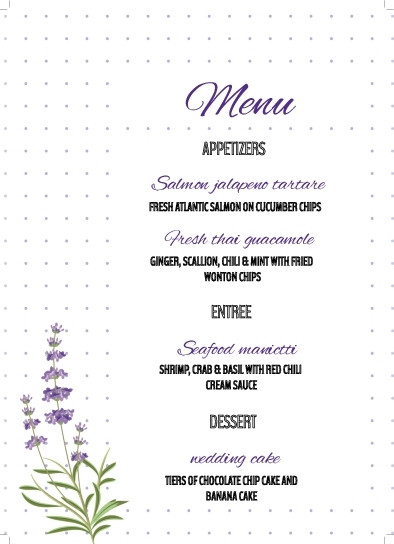 Lavender and Dots Wedding Menu Cards Front