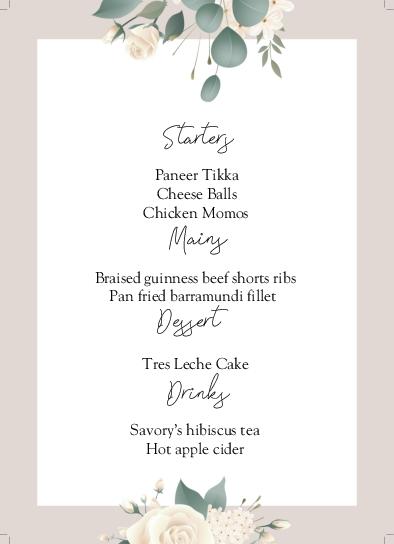Eucalyptus Leaves Wedding Menu Cards Front