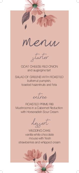 Cute Pink Flowers Wedding Menu Cards Front