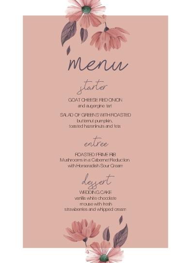 Cute Pink Flowers Wedding Menu Cards Front