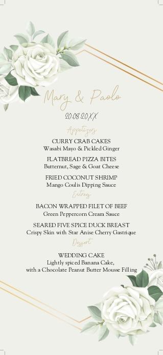 Hexagon And White Roses Wedding Menu Cards Front