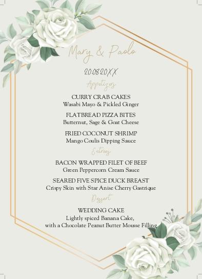 Hexagon And White Roses Wedding Menu Cards Front