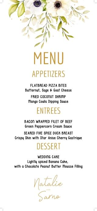 Flowers And Gold Lettering Wedding Menu Cards Template Front