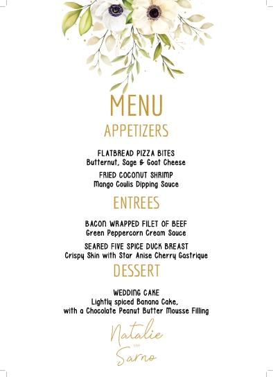 Flowers And Gold Lettering Wedding Menu Cards Template Front