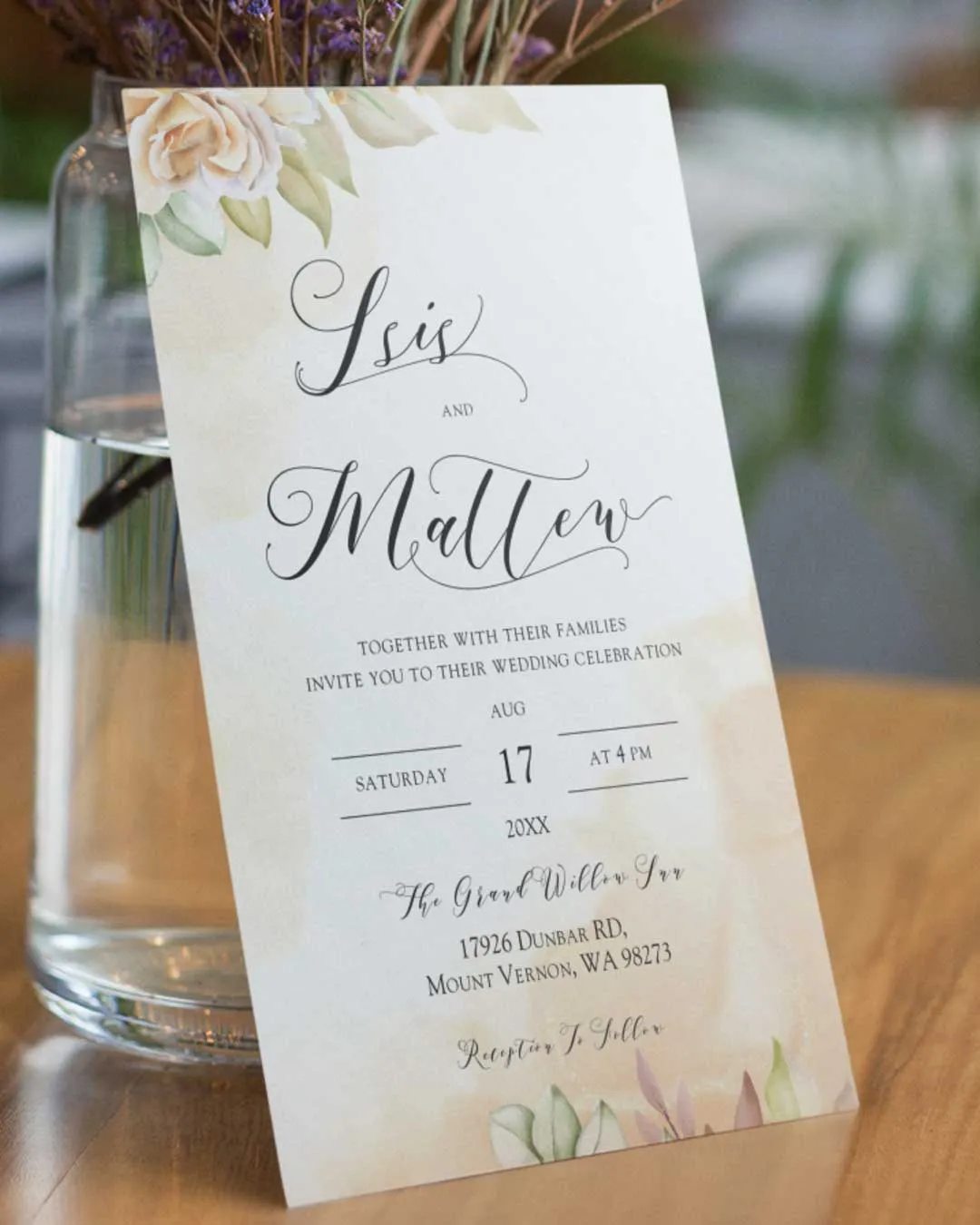 Coffee Stained Flowers Simple Flat 5x7 Wedding Invitation AP Printing - Coffee Stained Flowers Simple Flat 5x7 Wedding Invitation - Custom Printing Services