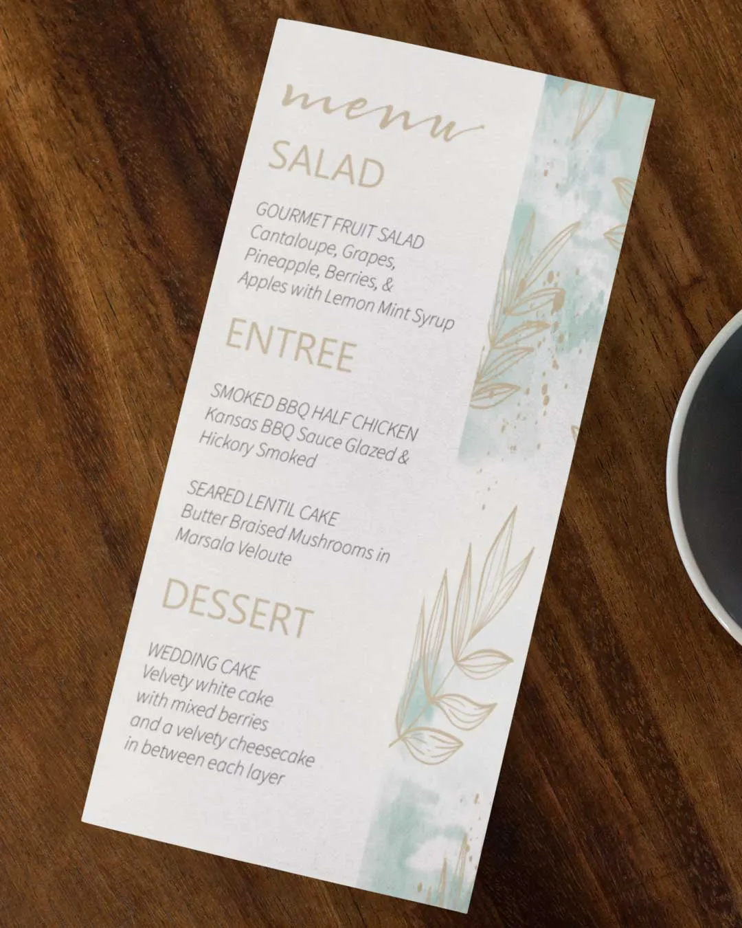 Gold Eucalyptus Designs Wedding Menu Cards AP Printing - Gold Eucalyptus Designs Wedding Menu Cards - Custom Printing Services