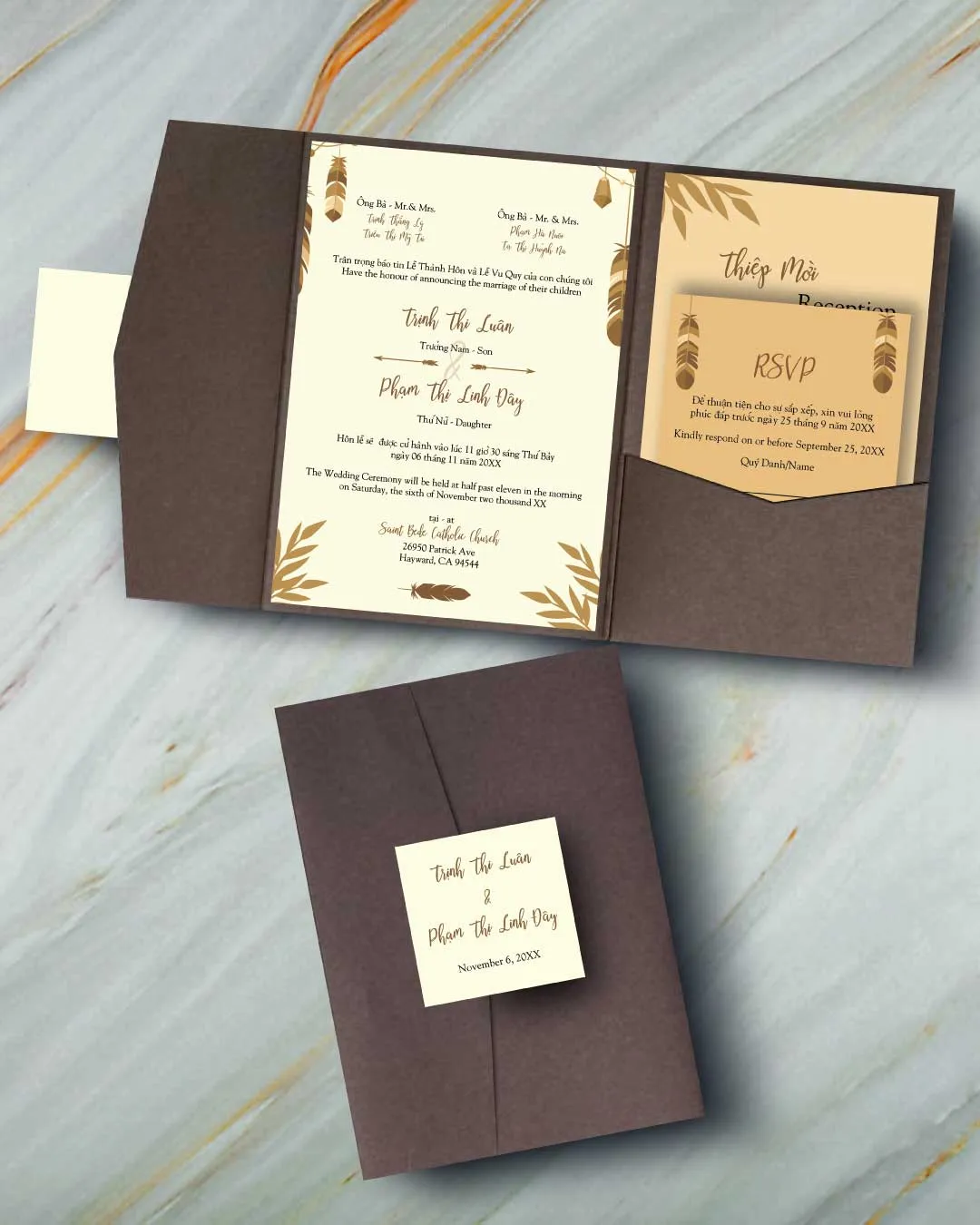 AP Printing - Brown Boho Feathers A7 Himalaya Pocket Vietnamese & English Wedding Invitation - Custom Printing Services