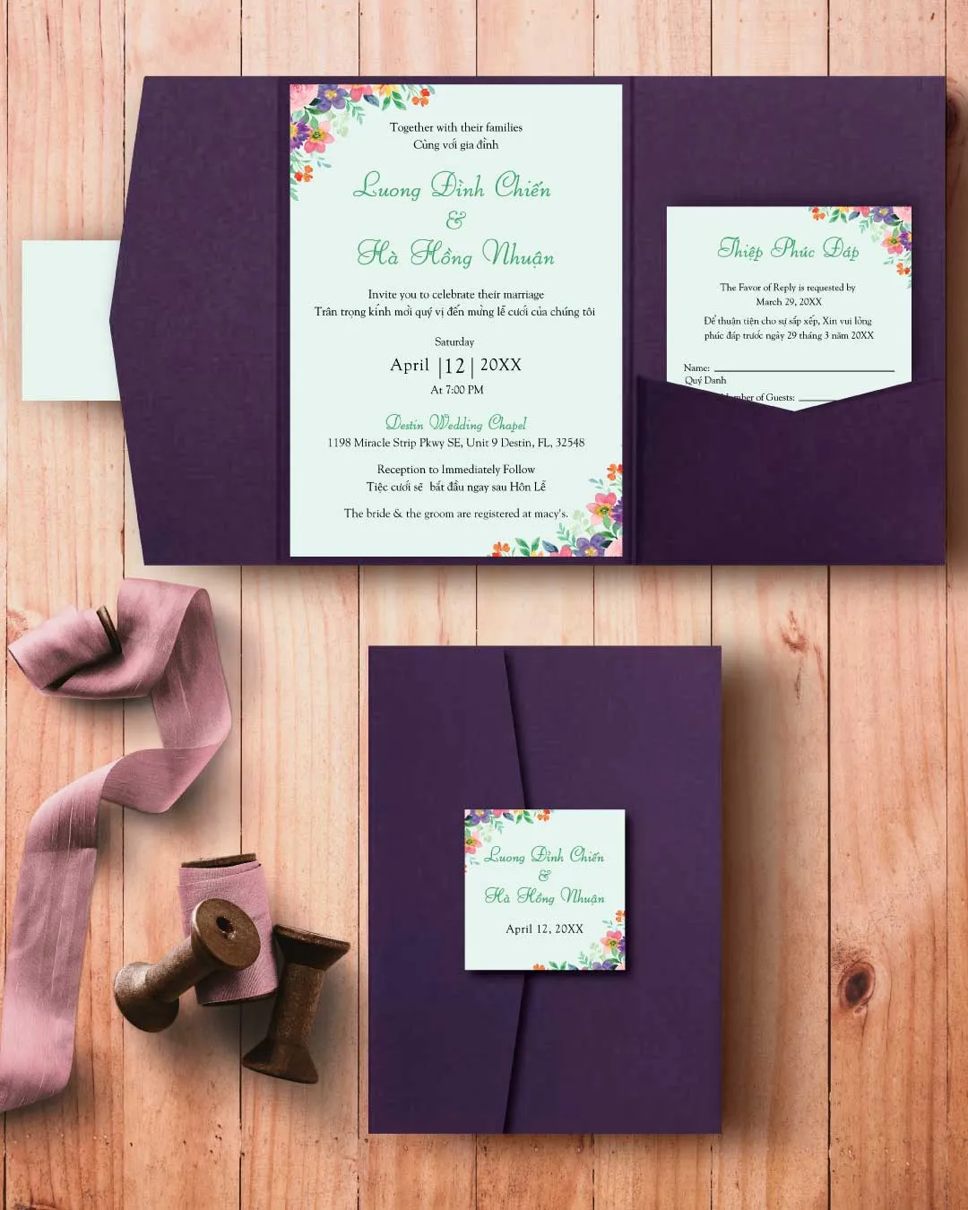 AP Printing - Colorful Garden Design A7 Himalaya Pocket Vietnamese & English Wedding Invitation - Custom Printing Services