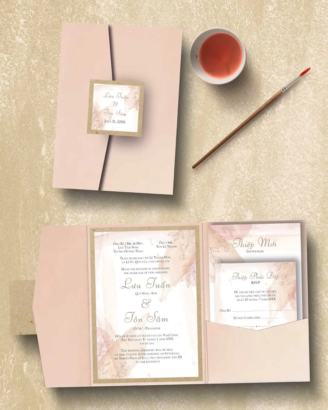 AP Printing - Delicate Pink Watercolor A7 Himalaya Pocket Vietnamese & English Wedding Invitation - Custom Printing Services