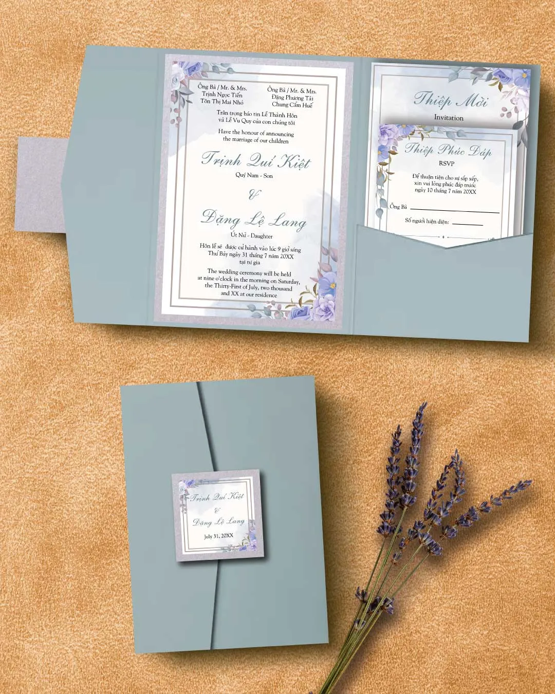AP Printing - Flowers Cool Colors A7 Himalaya Pocket Vietnamese & English Wedding Invitation - Custom Printing Services