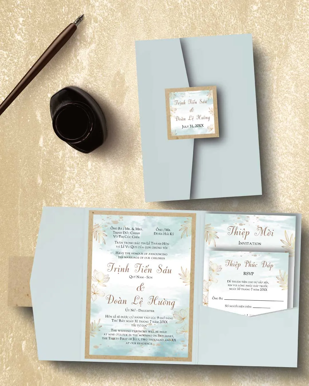 AP Printing - Lots of Blue Watercolor A7 Himalaya Pocket  Vietnamese & English Wedding Invitation - Custom Printing Services