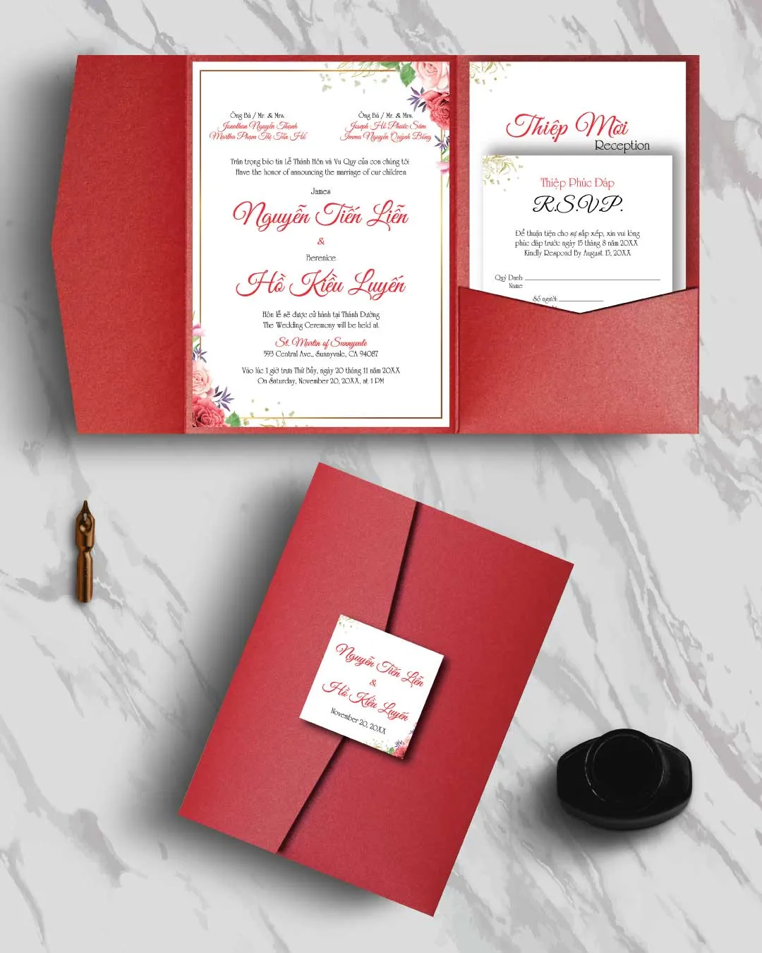 AP Printing - Magnificent Red Roses A7 Himalaya Pocket Vietnamese & English Wedding Invitation - Custom Printing Services