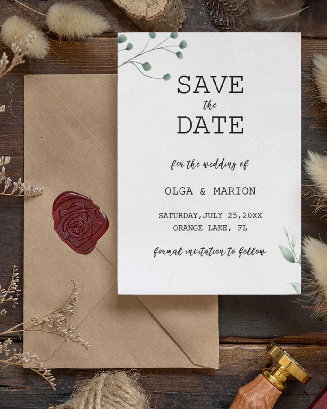 AP Printing - White with Green Branches Save The Date - Custom Printing Services
