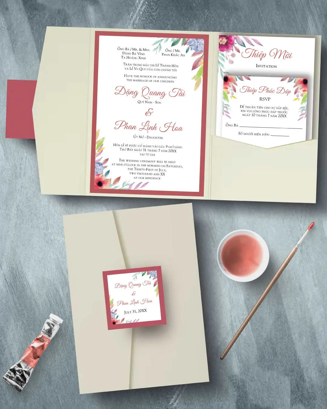 Red Colorful Leaves A7 Himalaya Pocket Vietnamese & English Wedding Invitation AP Printing - Red Colorful Leaves A7 Himalaya Pocket Vietnamese & English Wedding Invitation - Custom Printing Services