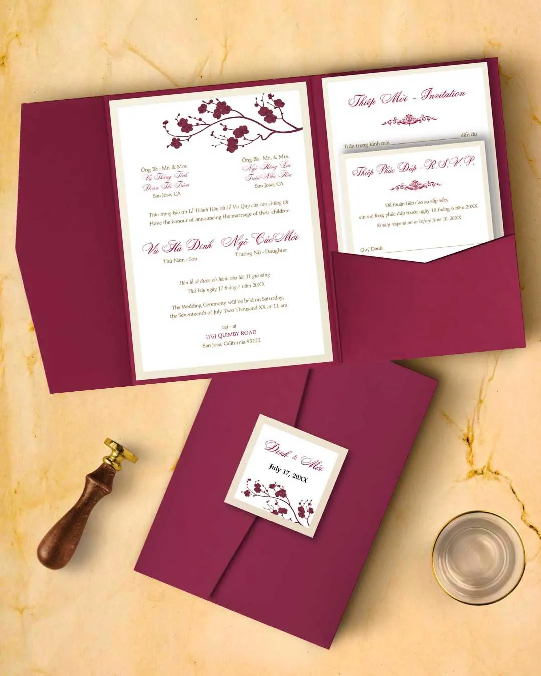 AP Printing - Red Wine Tree A7 Himalaya Pocket Vietnamese & English Wedding Invitation - Custom Printing Services