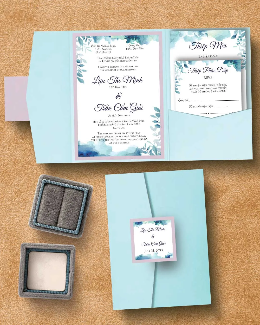 Watercolors Intense Blue A7 Himalaya Pocket Vietnamese & English Wedding Invitation AP Printing - Watercolors Intense Blue A7 Himalaya Pocket Vietnamese & English Wedding Invitation - Custom Printing Services