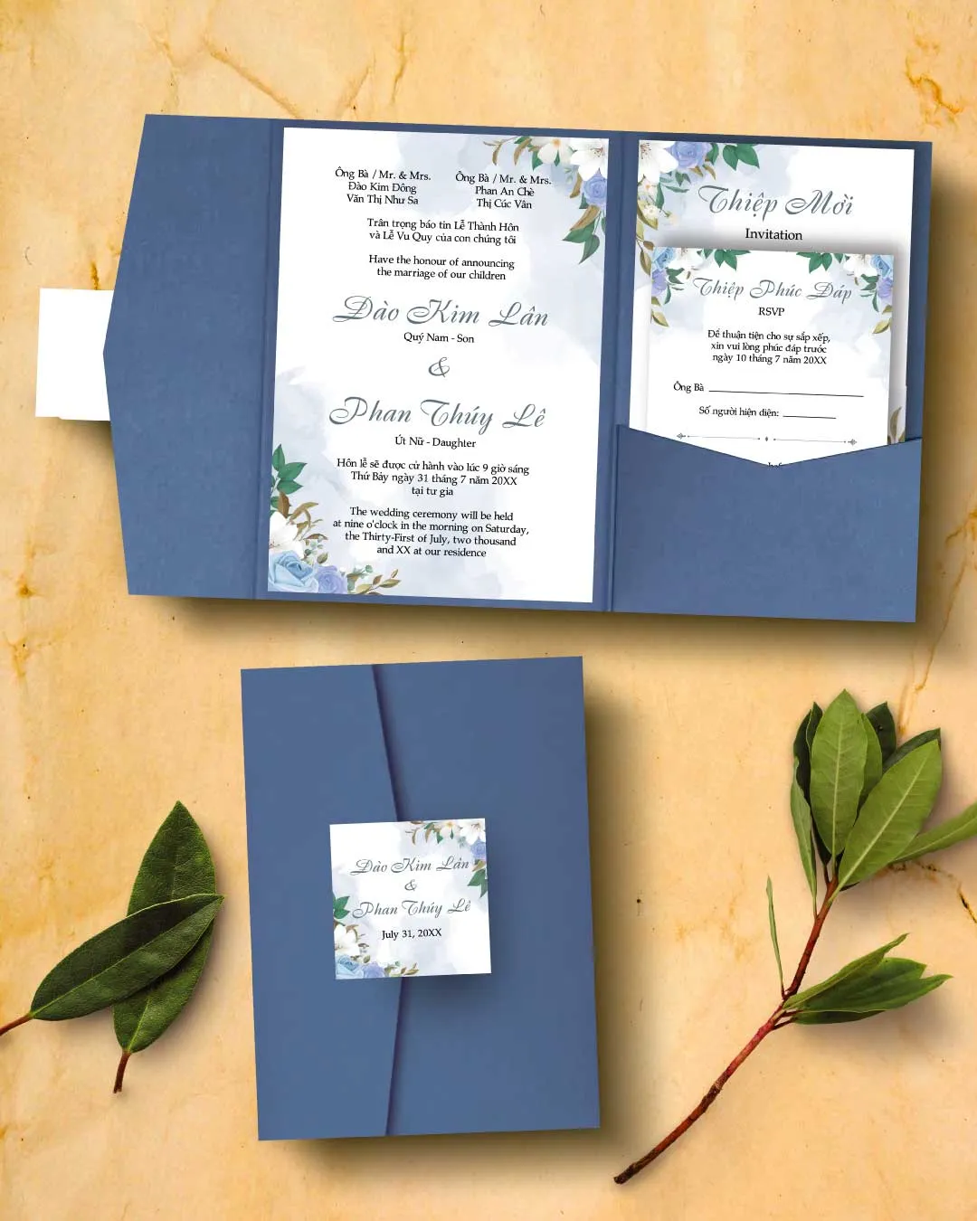 AP Printing - Winter Watercolor Flowers A7 Himalaya Pocket Vietnamese & English Wedding Invitation - Custom Printing Services