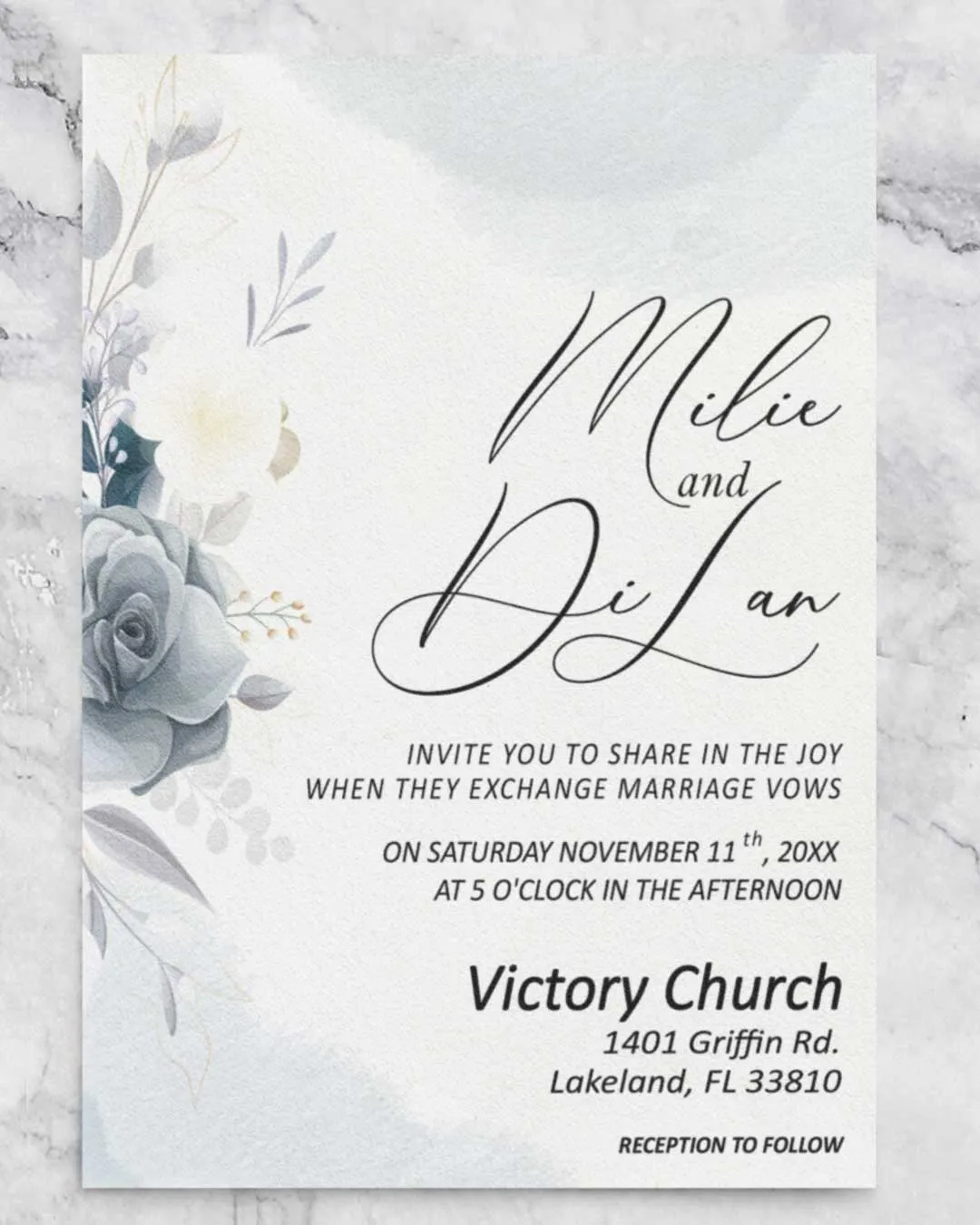 Ashen Gray Flowers Simple Flat 5x7 Wedding Invitation AP Printing - Ashen Gray Flowers Simple Flat 5x7 Wedding Invitation - Custom Printing Services