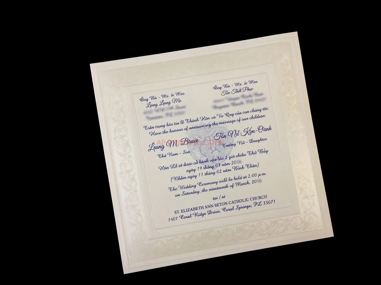 AP Printing - Fancy Pearl Border [CC-25] Vietnamese & English Wedding Invitation - Custom Printing Services