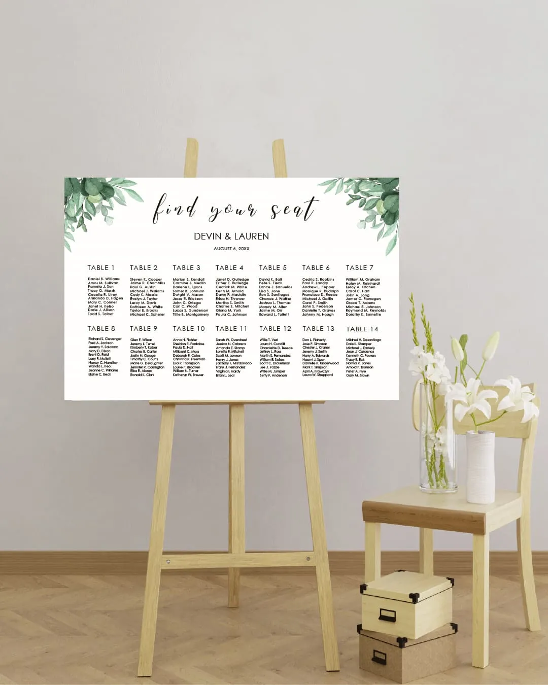 AP Printing - Elegant Green Leaves  Seating Chart - Custom Printing Services