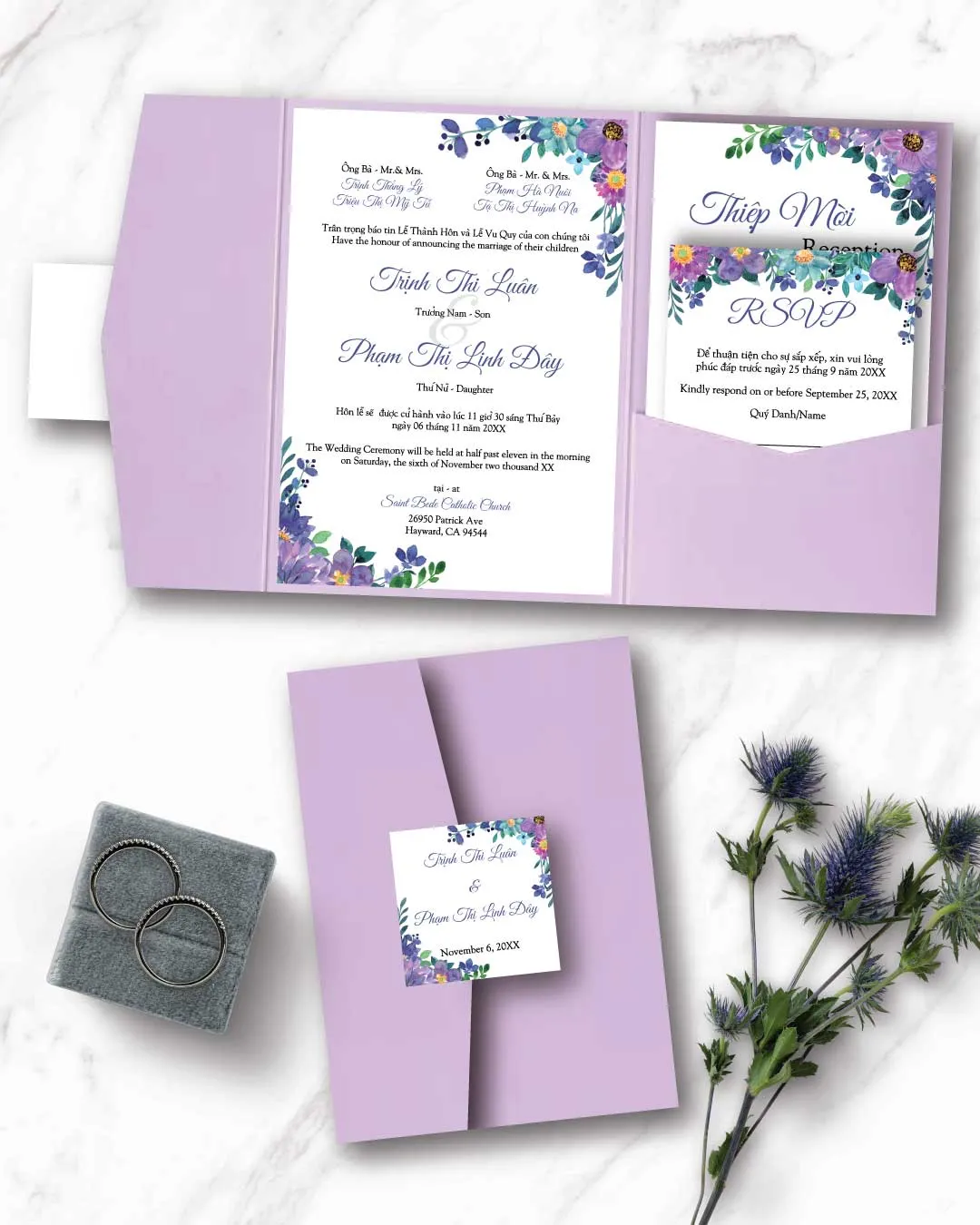 AP Printing - Purple Flower Burst A7 Himalaya Pocket Vietnamese & English Wedding Invitation - Custom Printing Services