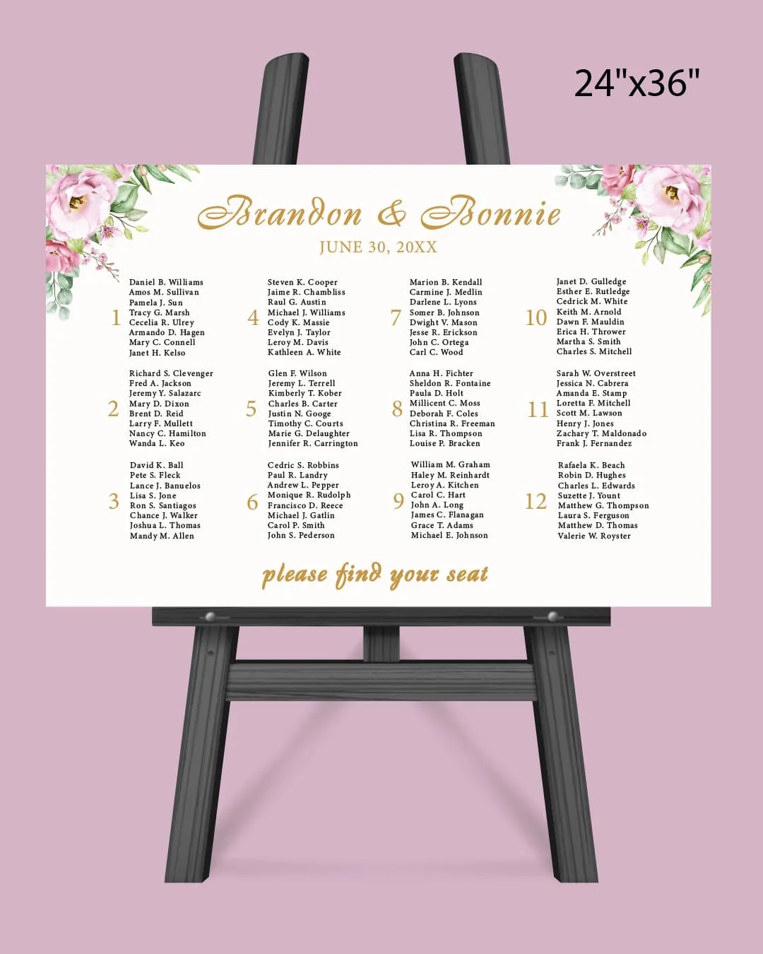 Golden Flowers Pink Seating Chart AP Printing - Golden Flowers Pink Seating Chart - Custom Printing Services