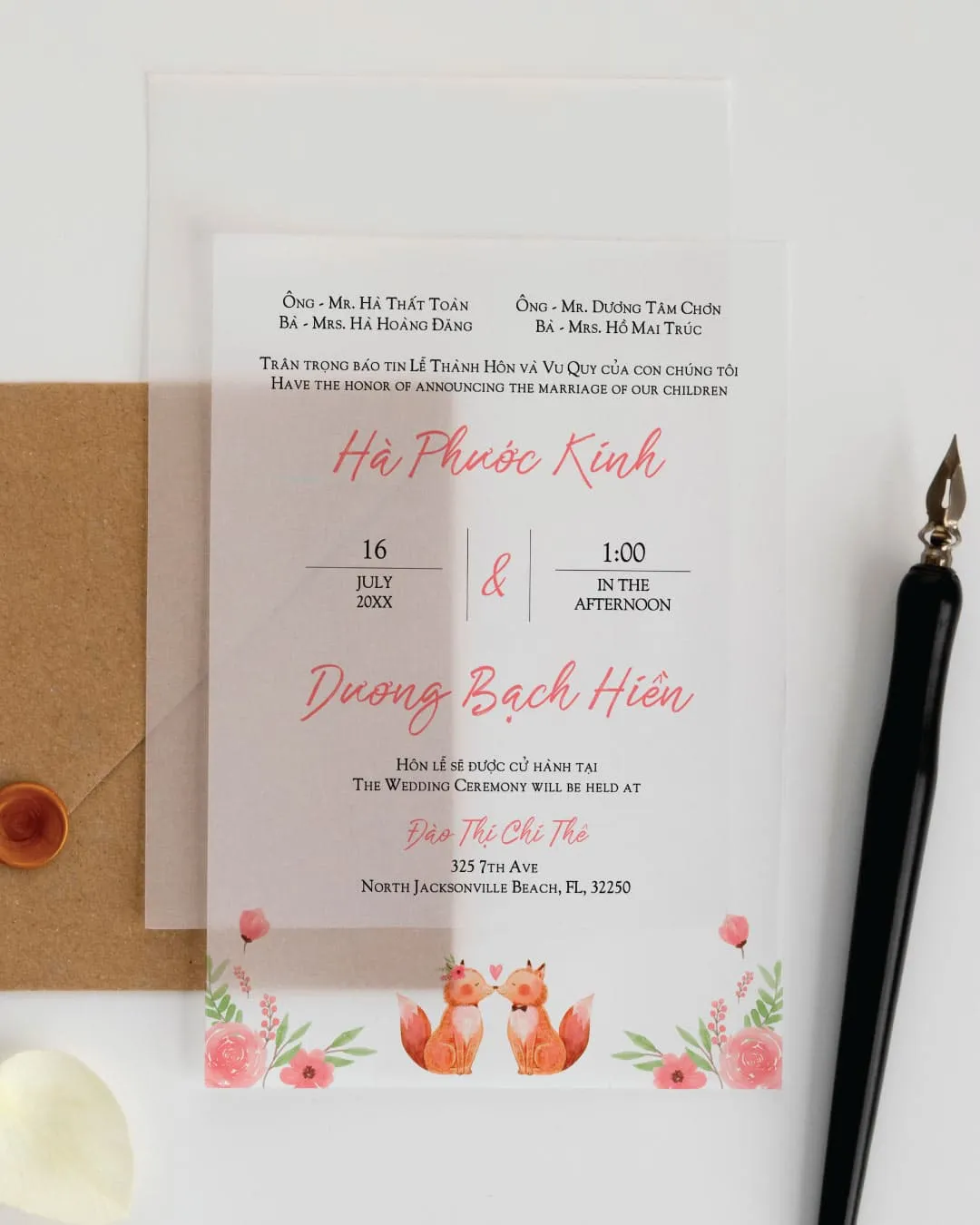 AP Printing - Animal and Floral Invitation Vellum Wrapped Vietnamese & English Wedding Invitation - Custom Printing Services