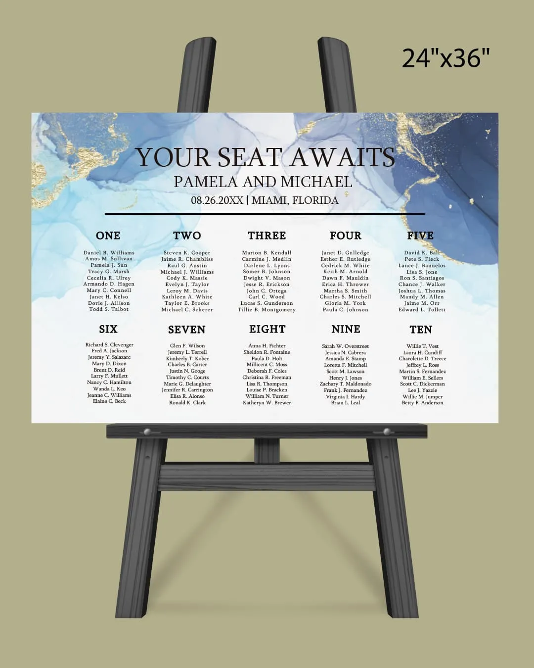 Watercolor Blue Gold Seating Chart AP Printing - Watercolor Blue Gold Seating Chart - Custom Printing Services