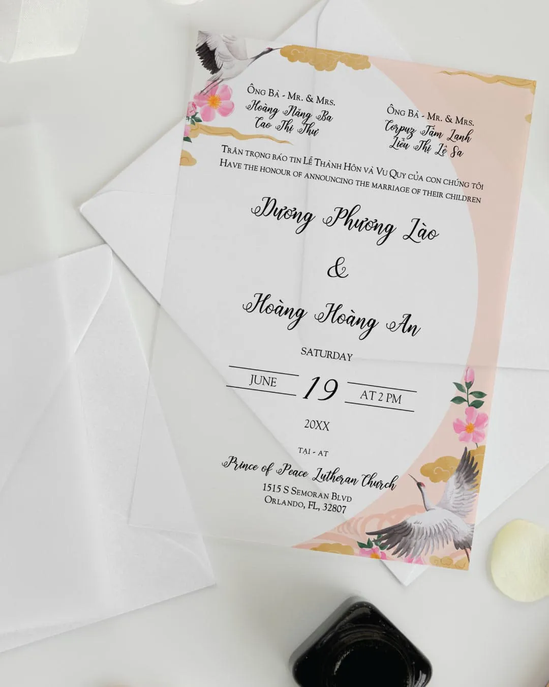 AP Printing - Vellum Wrapped Vietnamese & English Wedding Invitation - Custom Printing Services