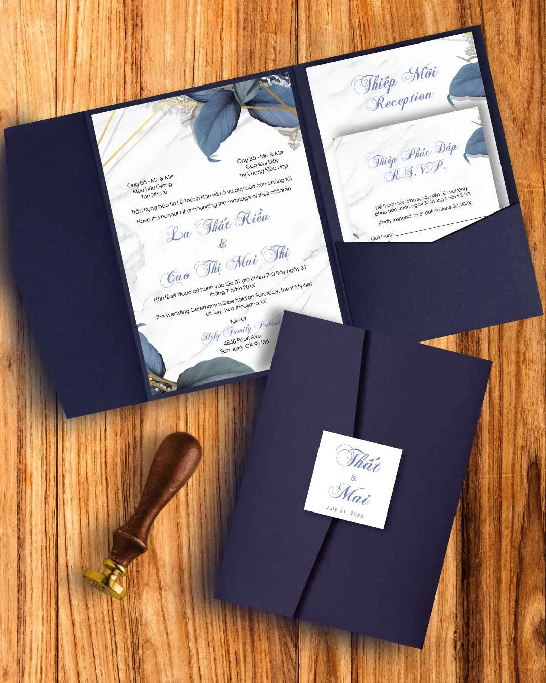 AP Printing - Elegant Marble Flowers A7 Himalaya Pocket Vietnamese & English Wedding Invitation - Custom Printing Services