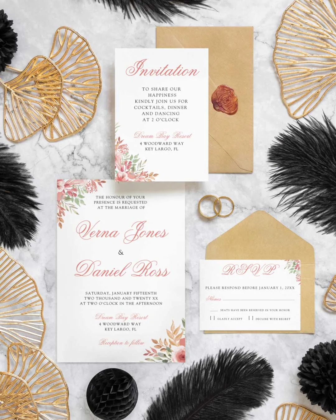 Pink Flowers Simple Flat 5x7 Wedding Invitation AP Printing - Pink Flowers Simple Flat 5x7 Wedding Invitation - Custom Printing Services
