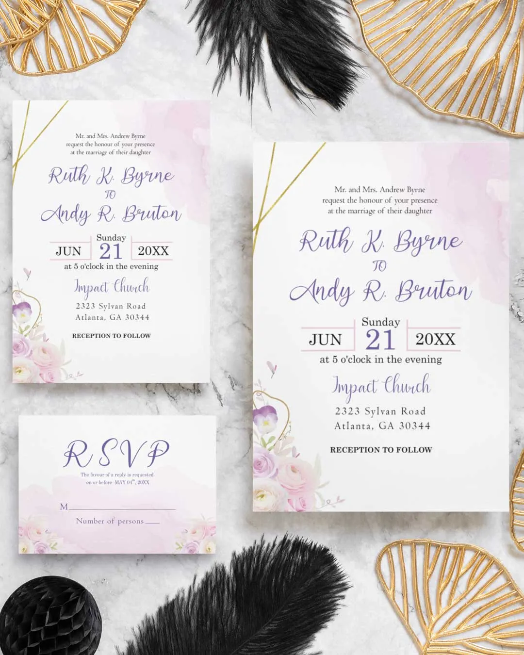 Peach Flowers Simple Flat 5x7 Wedding Invitation AP Printing - Peach Flowers Simple Flat 5x7 Wedding Invitation - Custom Printing Services