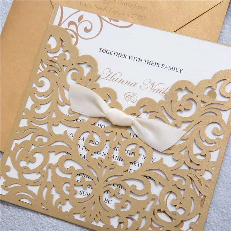 CL-WRAP-57 M-N White Flourish Wrap with Ribbon Laser Cut Wedding Invitation AP Printing - CL-WRAP-57 M-N White Flourish Wrap with Ribbon Laser Cut Wedding Invitation - Custom Printing Services