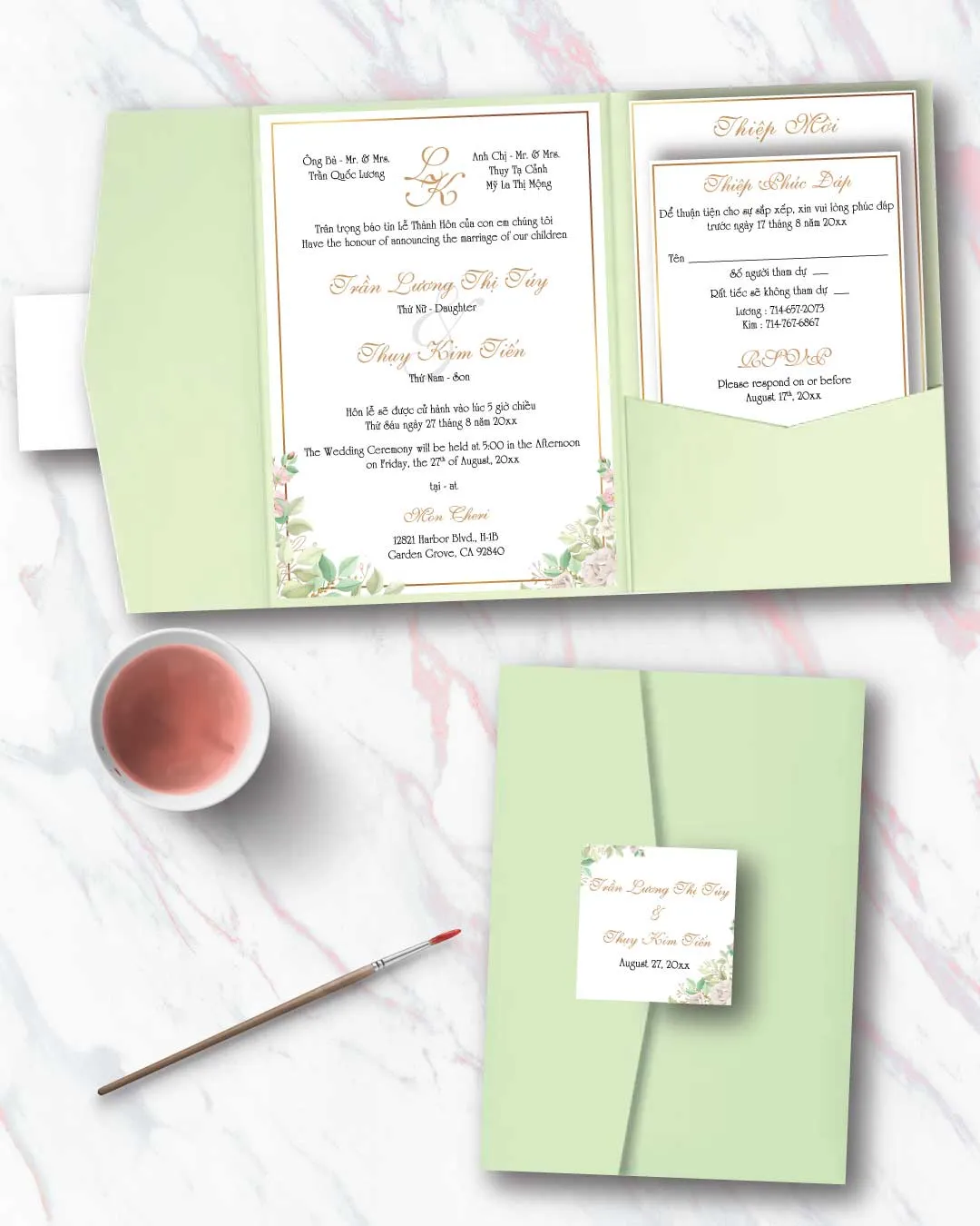 AP Printing - Flowers Light Green A7 Himalaya Pocket Vietnamese & English Wedding Invitation - Custom Printing Services