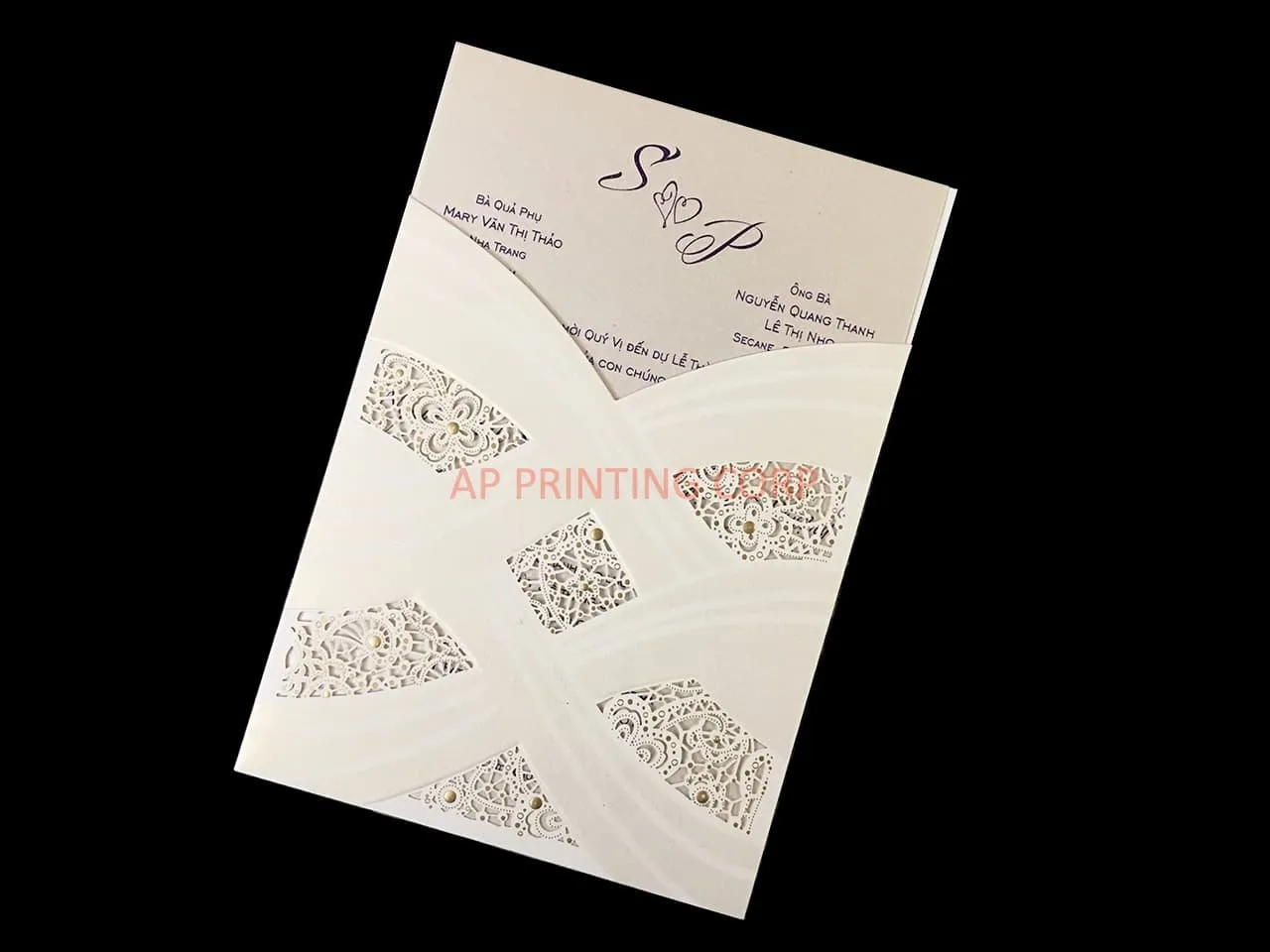 CL-PF-57 M-M White Heart Flourish Pocket Laser Cut Wedding Invitation AP Printing - CL-PF-57 M-M White Heart Flourish Pocket Laser Cut Wedding Invitation - Custom Printing Services