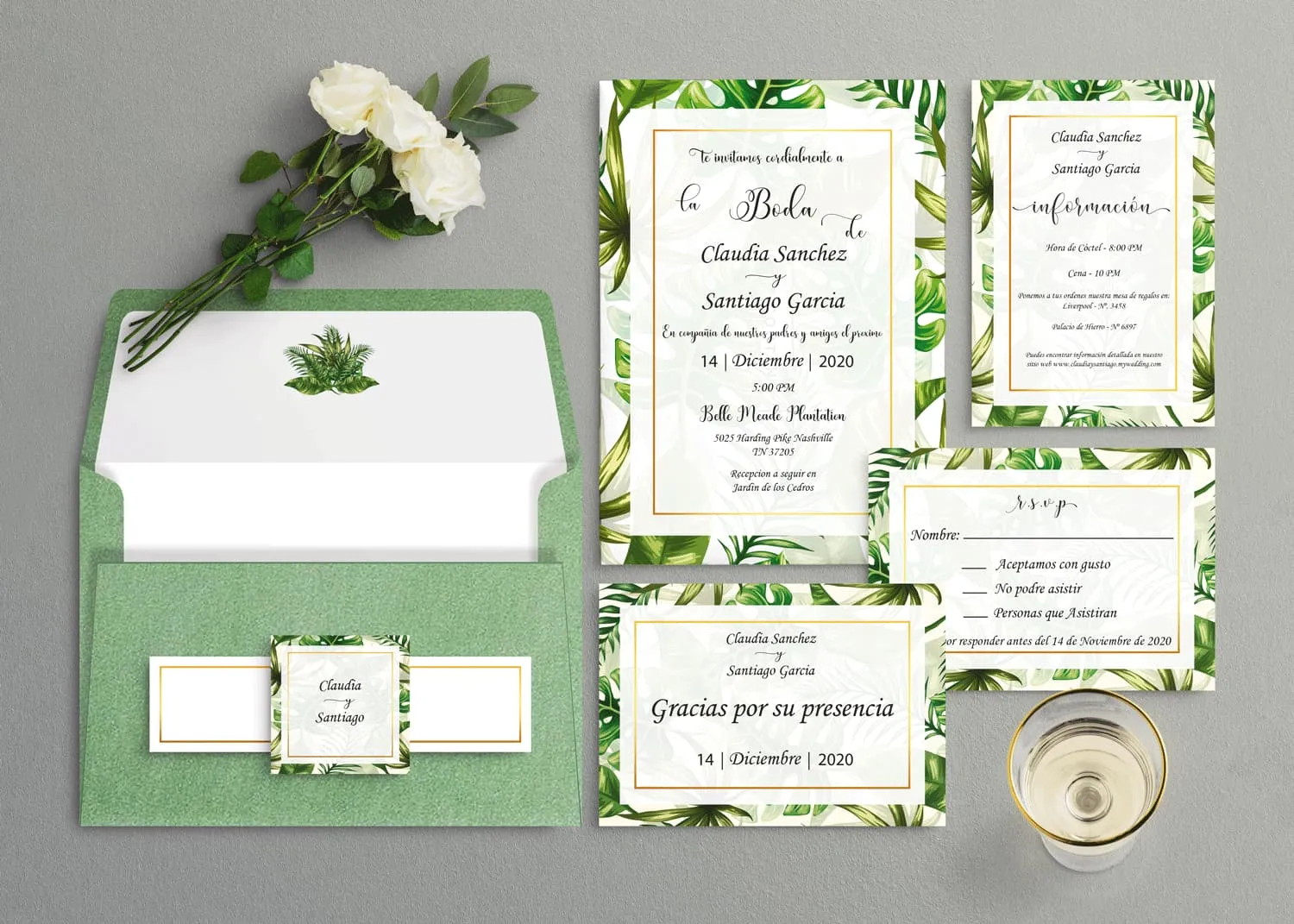 AP Printing - Tropical Calligraphy Spanish & English Elegant Wedding Invitation - Custom Printing Services