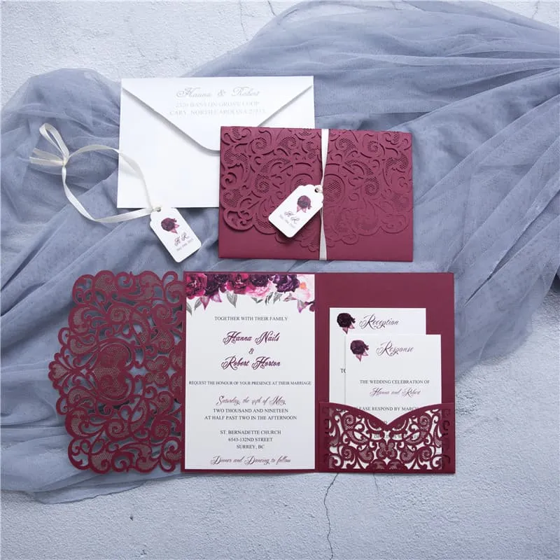 AP Printing - Ivory Floral Laser Cut Wrap Wedding Invitation - Custom Printing Services