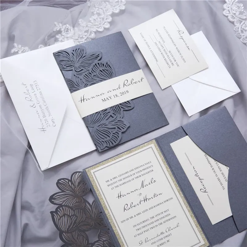 White Laser Cut Wrap with Ribbon Wedding Invitation AP Printing - White Laser Cut Wrap with Ribbon Wedding Invitation - Custom Printing Services