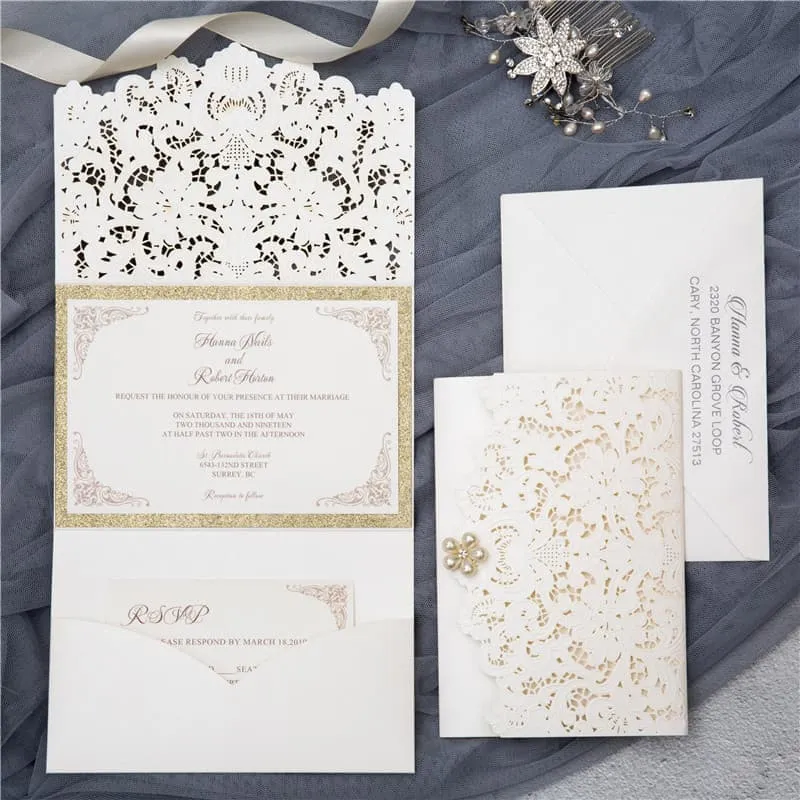 AP Printing - White Heart Diamond Drop Laser Cut Wedding Invitation - Custom Printing Services