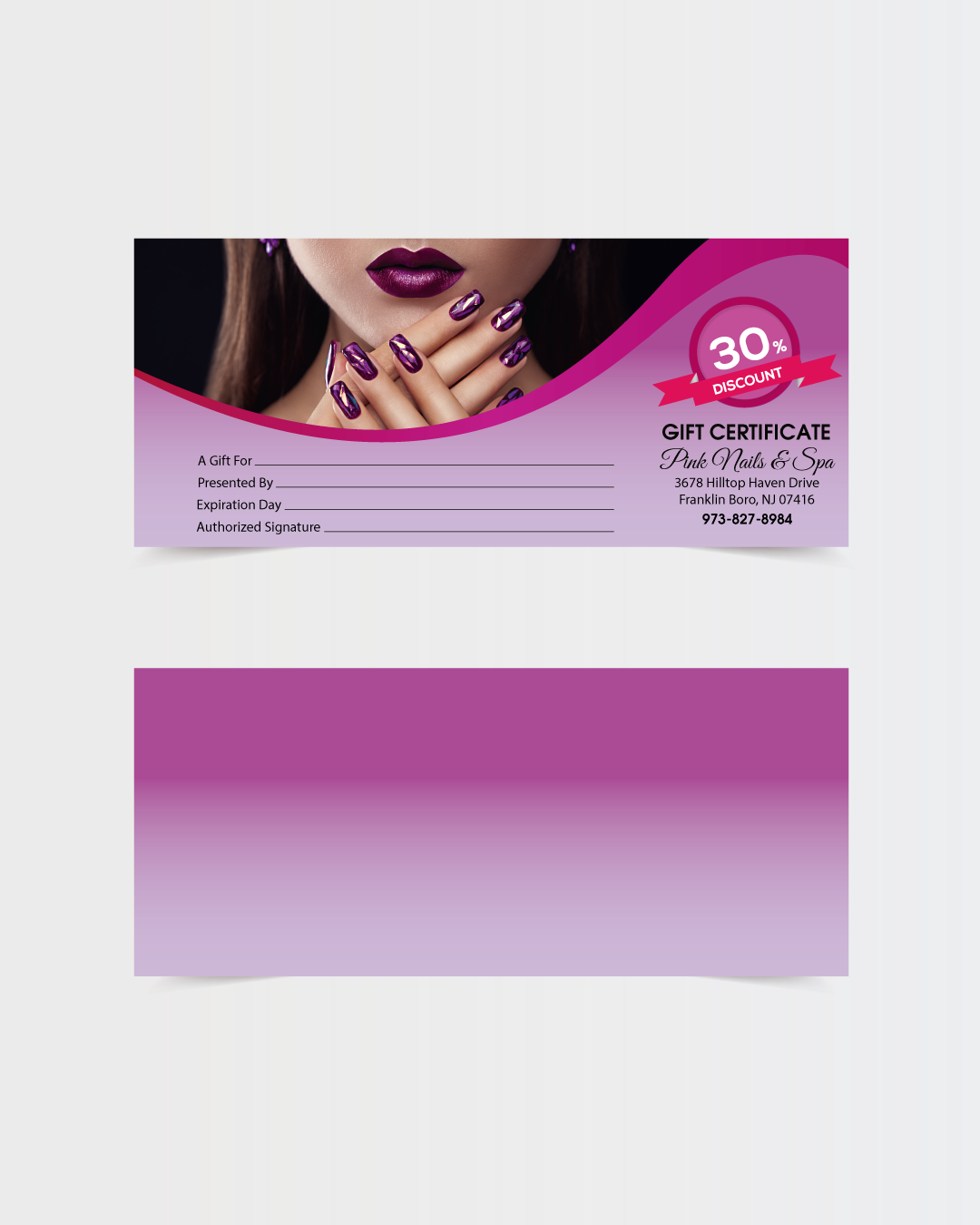 AP Printing - Beauty Purple Nails & Spa Gift Certificate - Custom Printing Services