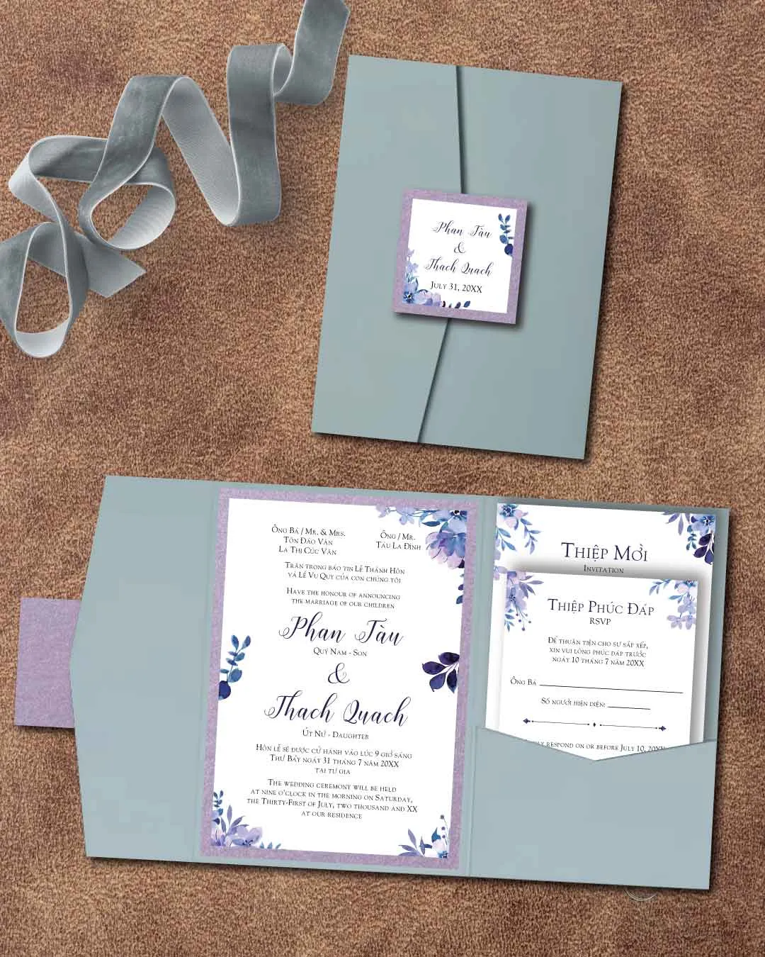 AP Printing - Dull Purple Leaves A7 Himalaya Pocket Vietnamese & English Wedding Invitation - Custom Printing Services